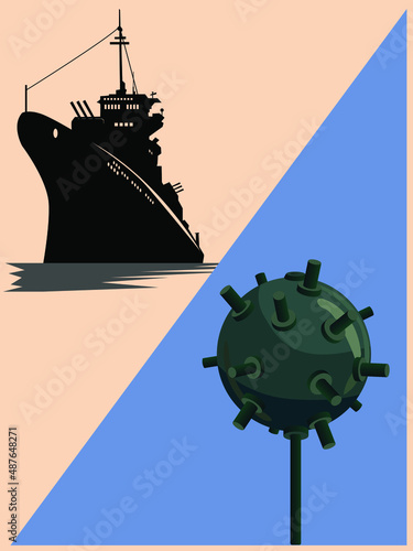 vector illustration depicting the silhouette of a warship and a naval mine for the design of illustrations and backgrounds in a naval military style