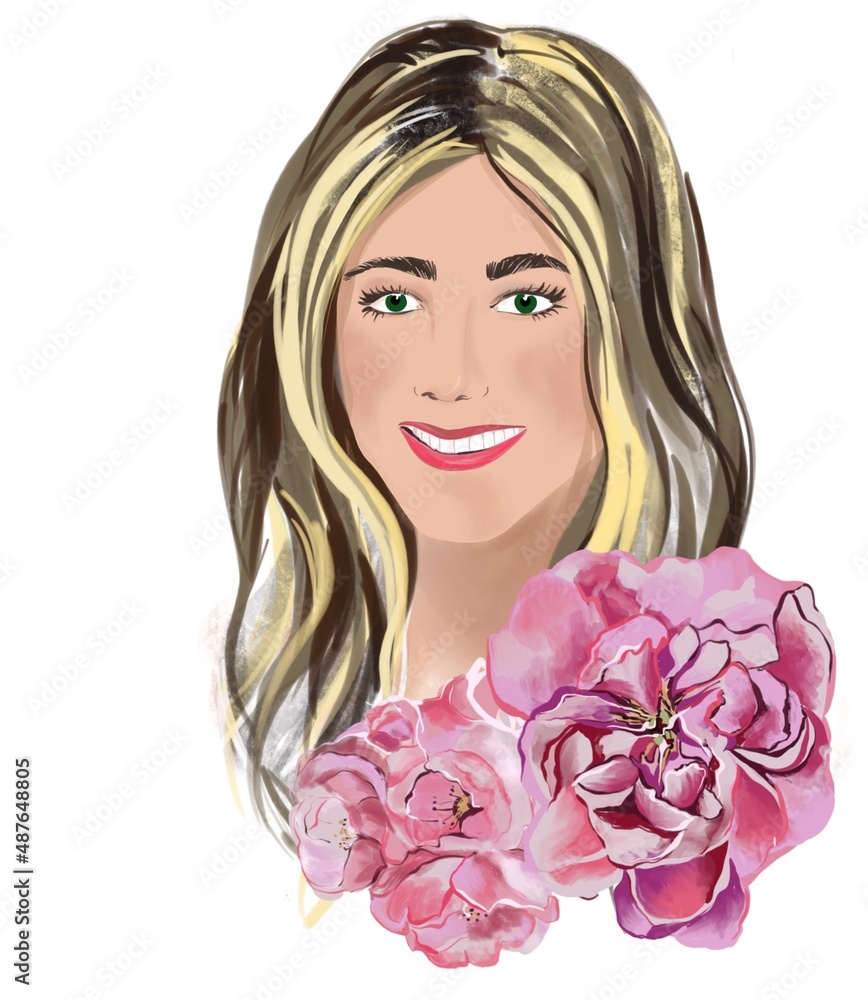 International Women's Day holiday illustration Portrait of woman with peony flowers on the white background