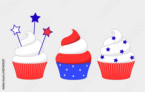 4th of July cupcakes set sweets food. USA happy independence day icing muffin with red and blue stars, flag, cylinder hat. Flat design cartoon holiday dessert vector clip art illustration.
