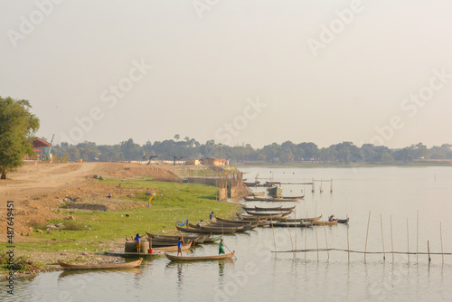 View of Taungthaman Lake from U Bein Bridge in the late afternoon, Myanmar