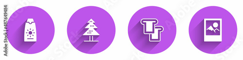 Set Sunscreen cream in tube, Tree, Bread toast and Photo frame icon with long shadow. Vector