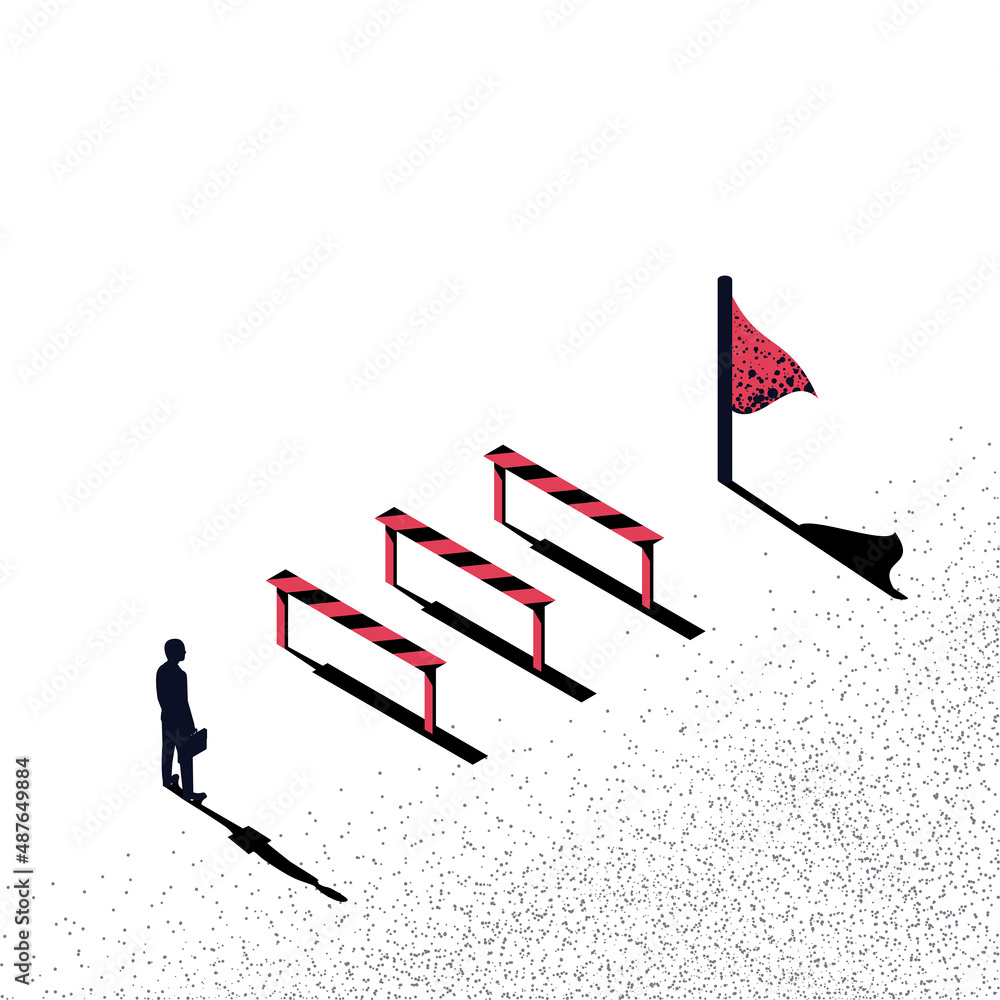 Conquering adversity. Hurdle on way concept. Businessman obstacle metaphor. Overcoming obstacle on road. Barrier on way to success. Vector illustration isometric 3d design. Isolated white background. Conquering adversity. Hurdle on way concept. Businessman obstacle metaphor. Overcoming obstacle on road. Barrier on way to success. Vector illustration isometric 3d design. Isolated white background.