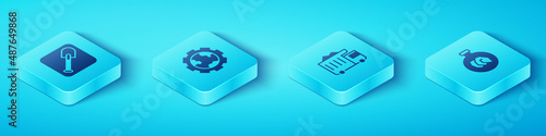 Set Isometric Shovel, Gear wheels and earth, Exhibition with minerals, rocks and Mining dump truck icon. Vector