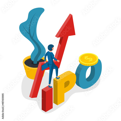 IPO concept. Businesswoman on the background of a successful rising graph. Increase in interest. Vector illustration isometric design. Isolated on white background. Search for investors.
