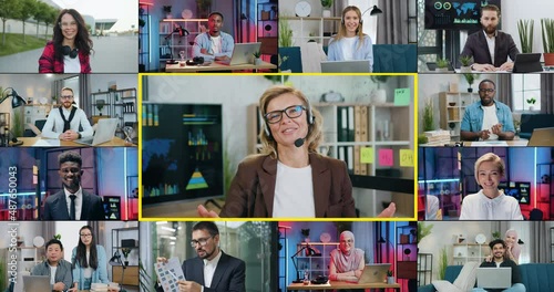 Multiscreen concept where likable confident positive skilled diverse businesspeople of different occupations which posing on camera indoors and outdoors