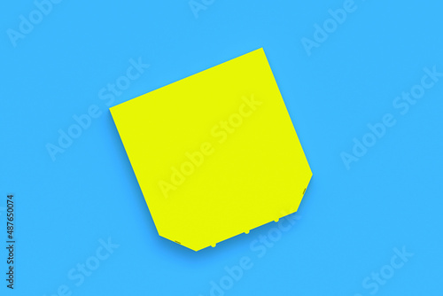 Yellow closed blank pizza box on blue background. Fast food. Pizzeria advertisement. Food delivery. Top view. Copy space. 3d render