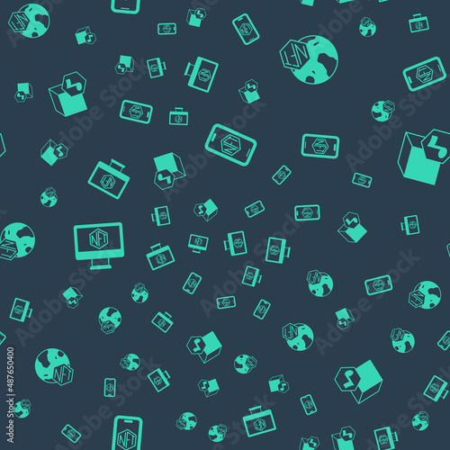 Set Mobile with art store app, NFT Digital crypto, Monitor and on seamless pattern. Vector