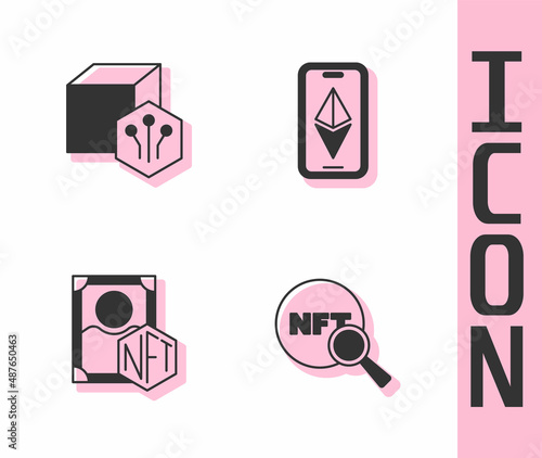 Set Search NFT, Digital crypto art, and Ethereum ETH icon. Vector