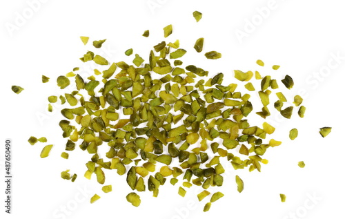Pistachios chopped pile isolated on white, top view