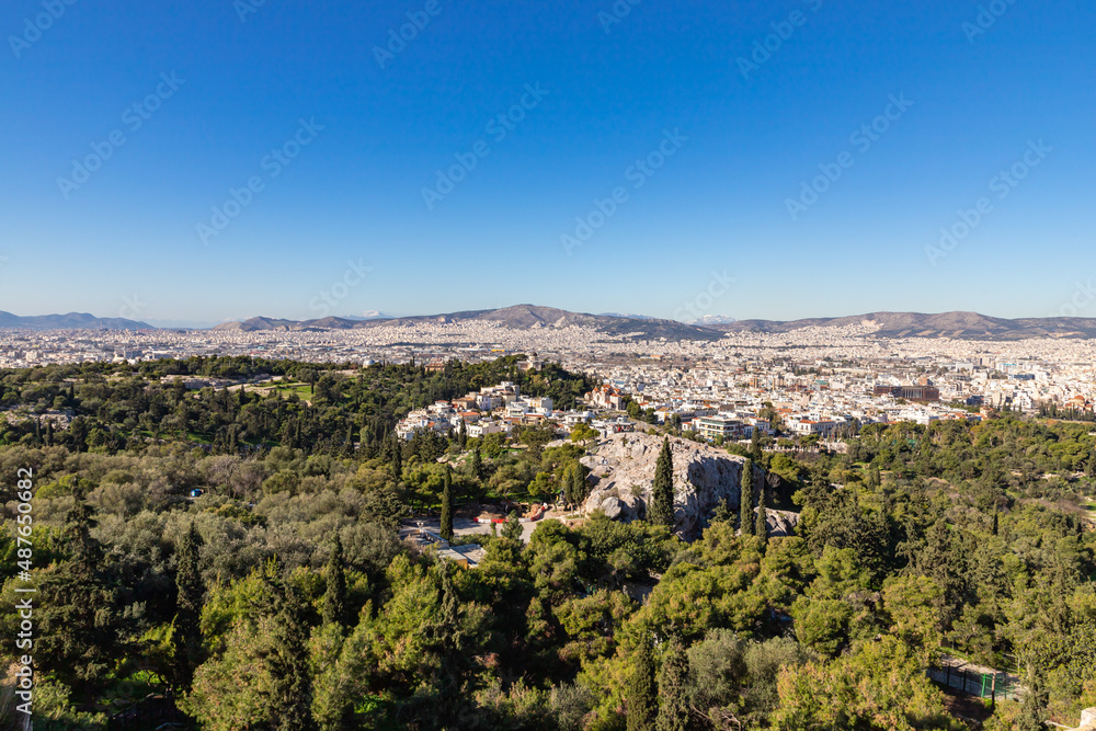 Areopagus hill and aerial view of Athens from Acropolis, Greece