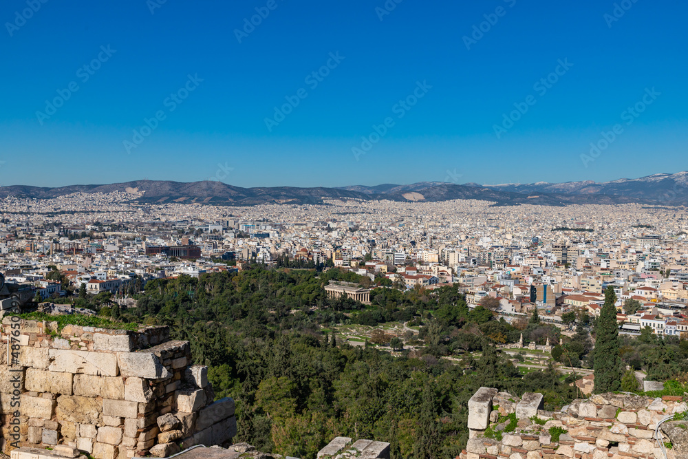Panoramic view of Athens Greece city buildings and ancient landmarks Ancient Agora, iconic Temple of Hephaestus, Athens historic center