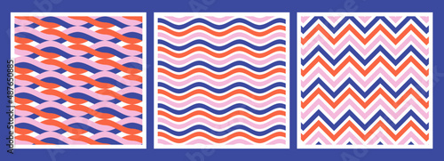 Vector seamless Pattern. Colorful geometric ornament with pink, orange and blue colors. Background design of Waves, pyramids and node bundle.
