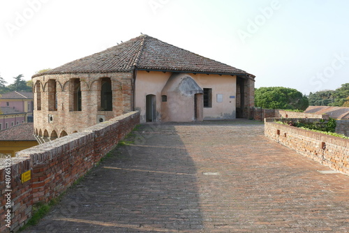 Obraz na plátně Sforza Castle in Imola, the circular tower along the raised patrol walkways
