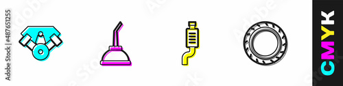 Set Power car engine, Canister for motor machine oil, Car muffler and tire wheel icon. Vector