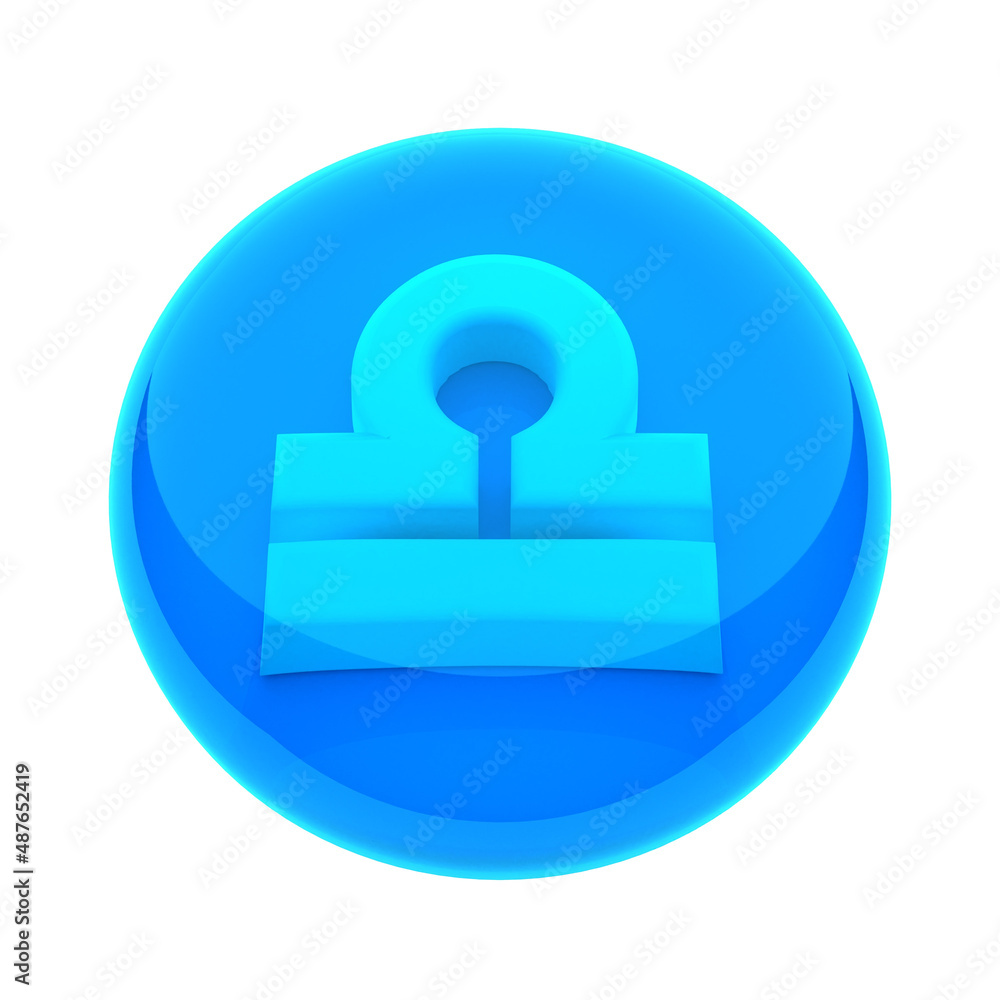 Color icon of the zodiac sign on a white background. Libra is an Air sign, blue. White sign in a rounded glass tablet. 3D rendering. Color icon of the zodiac sign on a white background. Libra is an Air sign, blue. White sign in a rounded glass tablet. 3D rendering.