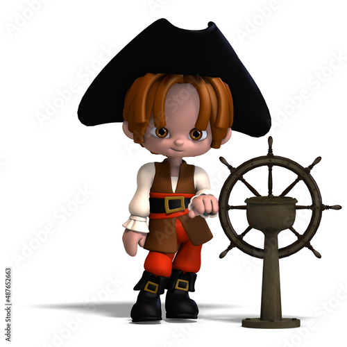 3D-illustration of a sweet and funny cartoon pirate kid with hat photo