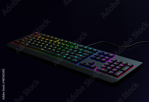 Rainbow keyboard. Black Gaming keyboard with RGB light. Backlit keyboard in a dark room, 3d render.