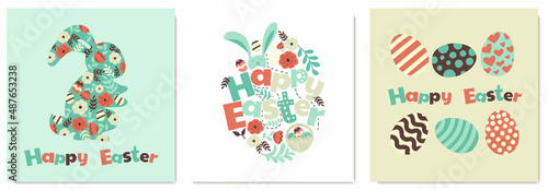 Happy Easter, vector symbols, icons and lettering design. Set Greeting cards in trendy colors, design elements. 