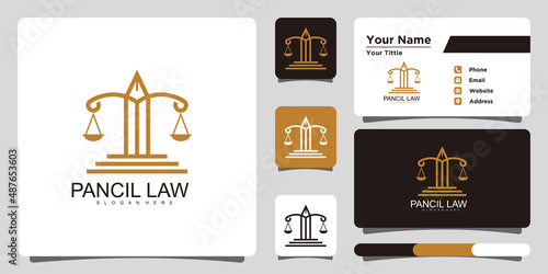 Pancil,pillar and law firm logo. template vector illustration and business card. Premium Vector