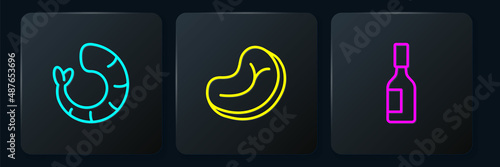 Set line Shrimp, Tabasco sauce and Steak meat. Black square button. Vector