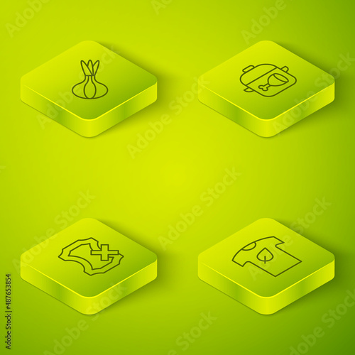 Set Isometric line Cooking pot and chicken leg, No leather, Vegan shirt and Onion icon. Vector