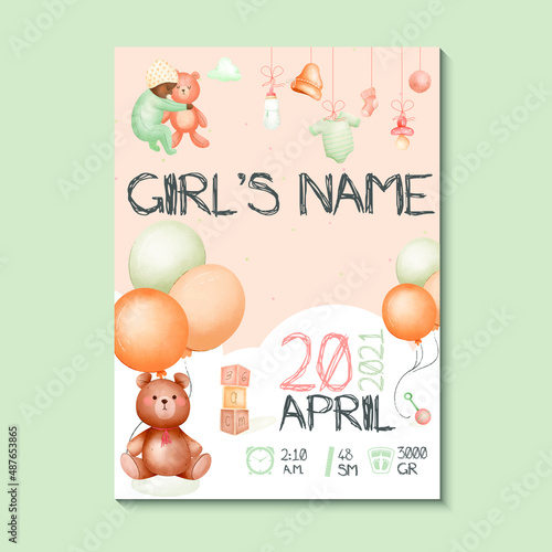 Girls posters, height, weight, date of birth. Teddy bear, balloon and baby stuff green, vector illustration on white background. Illustration newborn metric for children's bedroom.