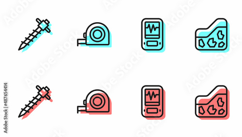 Set line Seismograph, Construction jackhammer, Roulette construction and Ground icon. Vector