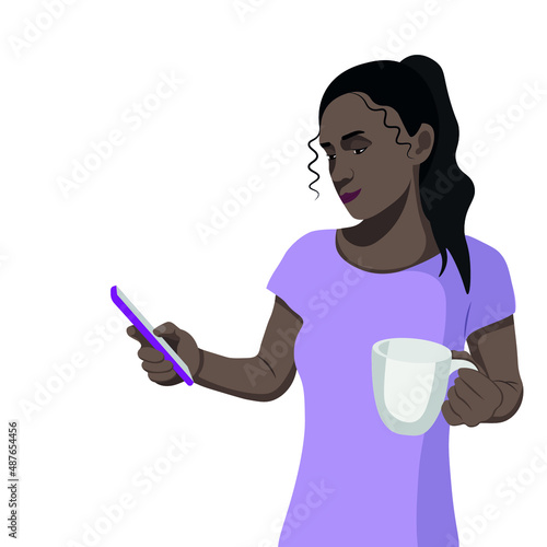 Dark-skinned girl with a phone in one hand and a cup in the other, flat vector on a white background, blogger, opinion leader, influential person