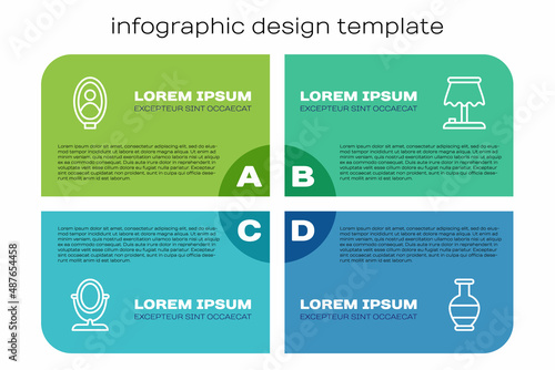 Set line Round makeup mirror, Portrait picture in museum, Ancient amphorae and Table lamp. Business infographic template. Vector