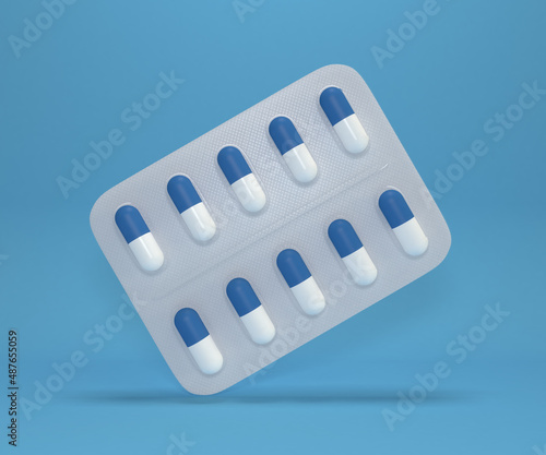 Capsule tablets in a blister. 3d rendering. 