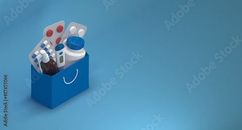 Package with medicines in isometry. 3d rendering. 