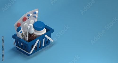 Cart with medicines in isometry. 3d rendering.