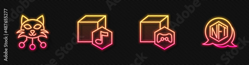Set line NFT Digital crypto art, and . Glowing neon icon. Vector