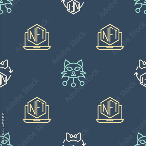 Set line NFT Digital crypto art, Laptop with store app and on seamless pattern. Vector