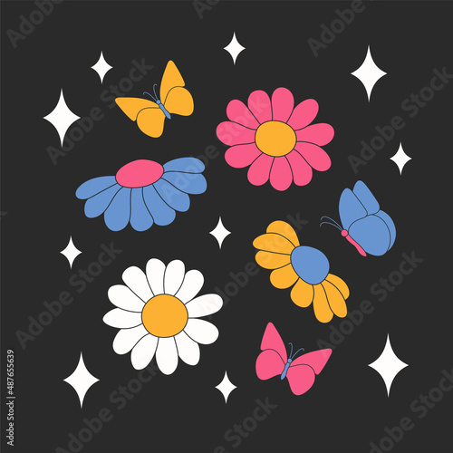 Retro daisies with butterflies and sparkles. Summer flowers. 