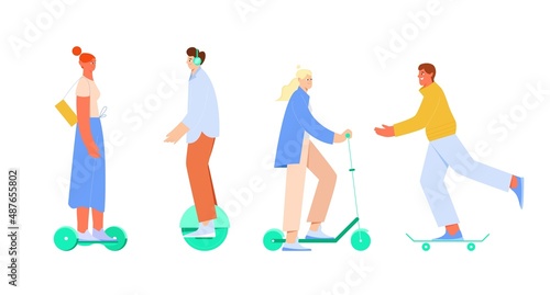 People man and women riding different electric transport scooter, hoverboard, gyro scooter, one wheel, skateboard. Vector illustration in flat style
