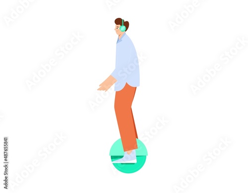 Man riding unicycle and listening to music. Eco friendly gyro scooter transport concept. Vector illustration in flat style