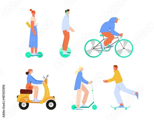 People man and women riding different electric transport, scooter, hoverboard, gyroscooter, bicycle, motorbike. Vector illustration in flat style.