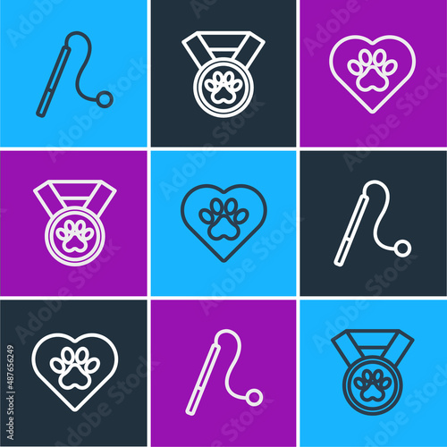 Set line Pet cat toy, Heart with animals footprint and award symbol icon. Vector