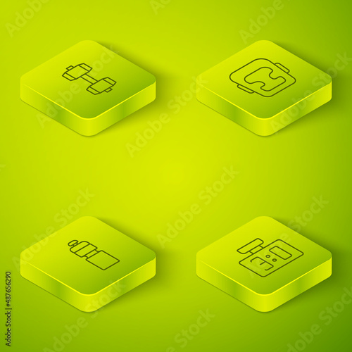 Set Isometric line Boxing helmet, Fitness shaker, Sport mechanical scoreboard and Dumbbell icon. Vector