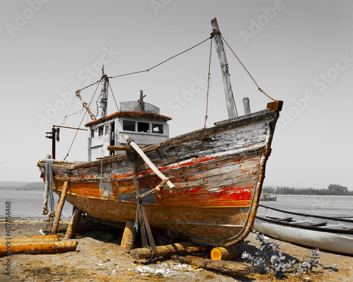 Old wrecked ship on the seashore