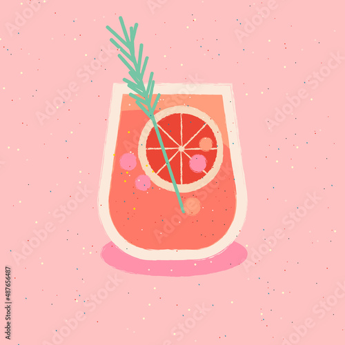 Cocktail with rosemary and grapefruit. Vector flat illustration