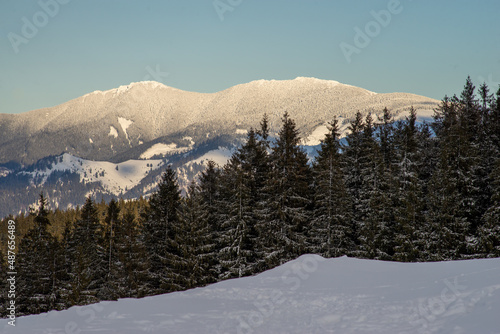 Winter, high mountains with snow white peaks. Location place Carpathian, Vatra Dornei, Bucovina, Suceava, Romania, Europe.