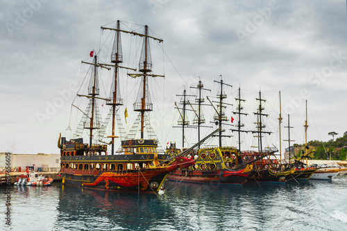 ancient pirate ship by the shore. Turkey