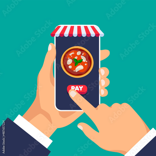 Hand holds smartphone and orders pizza online. Food icon on the phone display. Buy online. Food delivery. Vector illuatration.