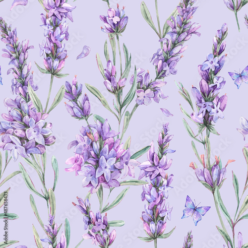 Watercolor lavender flowers natural seamless pattern in vintage style. Lilac botanical texture