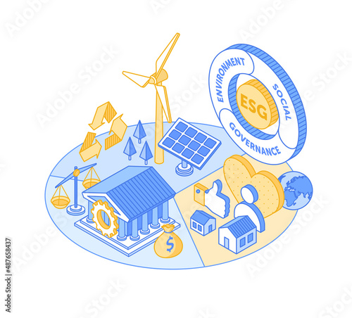 Concept of esg. Caring for nature, global problems, eco activists. Correct recycling and wastefree production. Abstract picture, poster or banner, statistics. Cartoon flat vector illustration