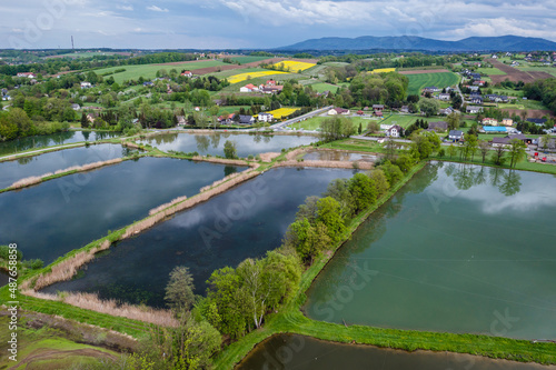 Drone photo of fishing ponds in Miedzyrzecze Gorne  small village in Silesia region of Poland