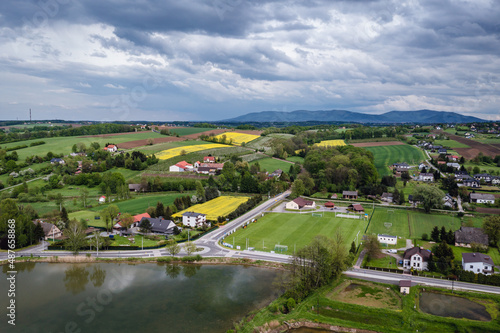Landscape with fishing pond in Miedzyrzecze Gorne, small village in Silesia region of Poland