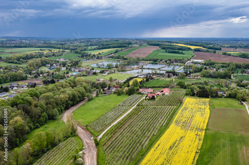 Drone photo of fields in Miedzyrzecze Gorne  small village in Silesia region  Poland